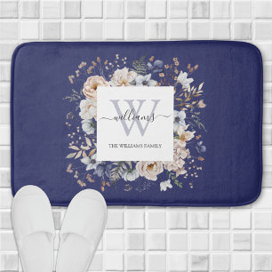 Elegantes Monogramm Hübsche Beige Blaue Blumen Flo Badematte
