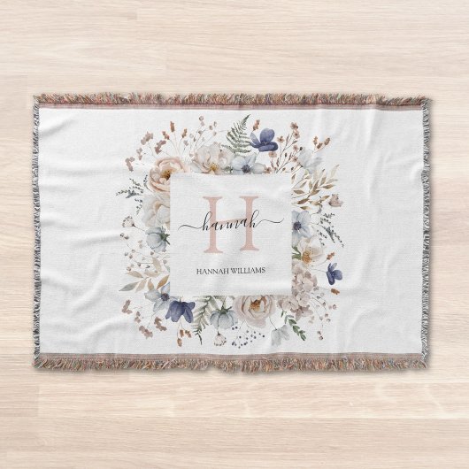 Elegantes Monogramm Hübsche Beige Blaue Blumen Flo Decke