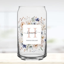 Elegantes Monogramm Hübsche Beige Blaue Blumen Flo