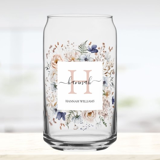 Elegantes Monogramm Hübsche Beige Blaue Blumen Flo Dosenglas