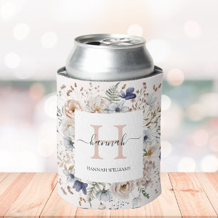 Elegantes Monogramm Hübsche Beige Blaue Blumen Flo Dosenkühler