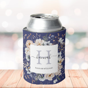 Elegantes Monogramm Hübsche Beige Blaue Blumen Flo Dosenkühler