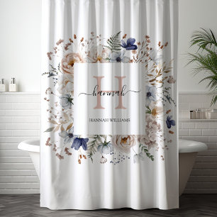 Elegantes Monogramm Hübsche Beige Blaue Blumen Flo Duschvorhang