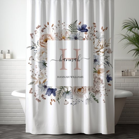 Elegantes Monogramm Hübsche Beige Blaue Blumen Flo Duschvorhang