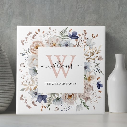 Elegantes Monogramm Hübsche Beige Blaue Blumen Flo Fliese
