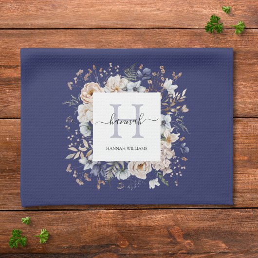 Elegantes Monogramm Hübsche Beige Blaue Blumen Flo Geschirrtuch