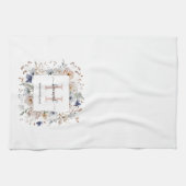 Elegantes Monogramm Hübsche Beige Blaue Blumen Flo Geschirrtuch (Horizontal)