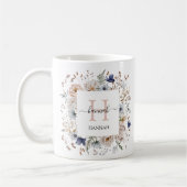 Elegantes Monogramm Hübsche Beige Blaue Blumen Flo Kaffeetasse (Links)