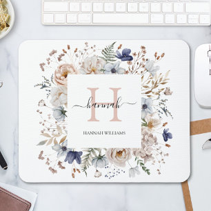 Elegantes Monogramm Hübsche Beige Blaue Blumen Flo Mousepad