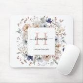 Elegantes Monogramm Hübsche Beige Blaue Blumen Flo Mousepad (Mit Mouse)