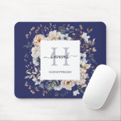 Elegantes Monogramm Hübsche Beige Blaue Blumen Flo Mousepad (Mit Mouse)