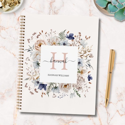Elegantes Monogramm Hübsche Beige Blaue Blumen Flo Notizblock