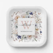 Elegantes Monogramm Hübsche Beige Blaue Blumen Flo Pappteller (Vorderseite)