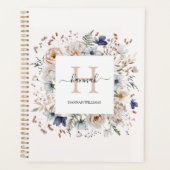 Elegantes Monogramm Hübsche Beige Blaue Blumen Flo Planer (Vorderseite)