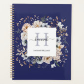 Elegantes Monogramm Hübsche Beige Blaue Blumen Flo Planer (Vorderseite)