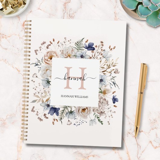 Elegantes Monogramm Hübsche Beige Blaue Blumen Flo Planer