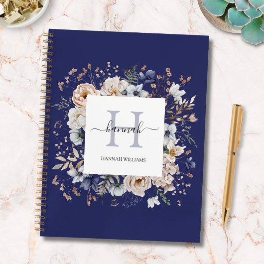 Elegantes Monogramm Hübsche Beige Blaue Blumen Flo Planer