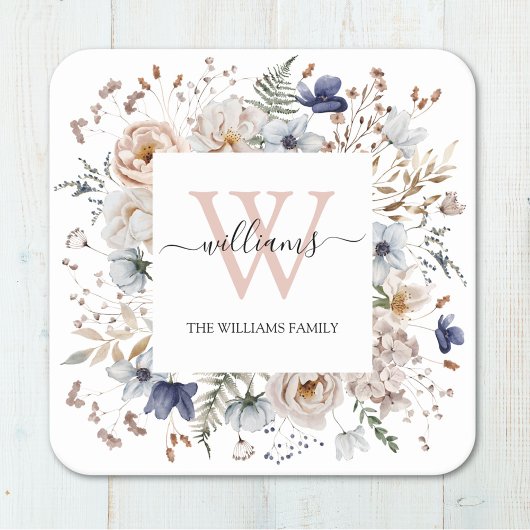 Elegantes Monogramm Hübsche Beige Blaue Blumen Flo Rechteckiger Pappuntersetzer