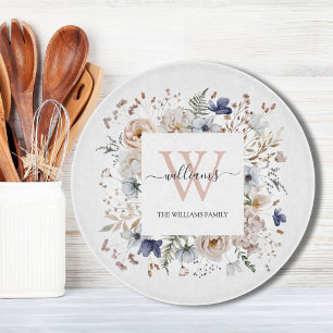 Elegantes Monogramm Hübsche Beige Blaue Blumen Flo Schneidebrett