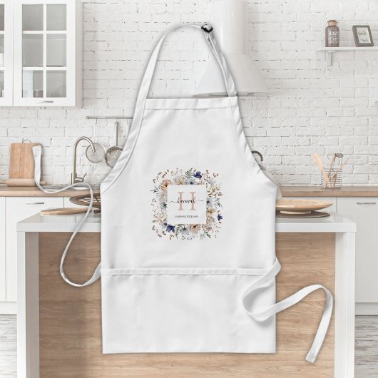 Elegantes Monogramm Hübsche Beige Blaue Blumen Flo Schürze