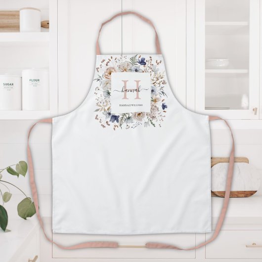 Elegantes Monogramm Hübsche Beige Blaue Blumen Flo Schürze