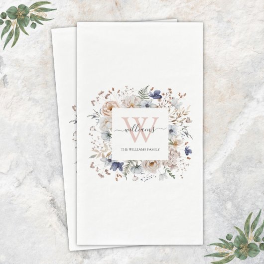 Elegantes Monogramm Hübsche Beige Blaue Blumen Flo Serviette