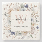 Elegantes Monogramm Hübsche Beige Blaue Blumen Flo Steinuntersetzer (Vorderseite)