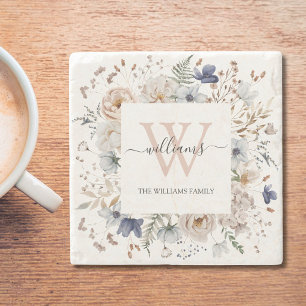 Elegantes Monogramm Hübsche Beige Blaue Blumen Flo Steinuntersetzer