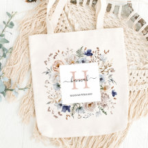 Elegantes Monogramm Hübsche Beige Blaue Blumen Flo