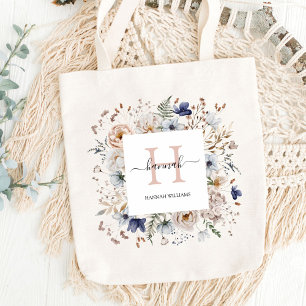 Elegantes Monogramm Hübsche Beige Blaue Blumen Flo Tragetasche
