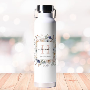 Elegantes Monogramm Hübsche Beige Blaue Blumen Flo Trinkflasche