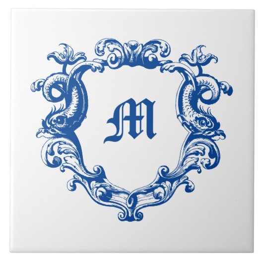 Elegantes Monogramm im Delfinkartuschen-Template Fliese (Vorderseite)