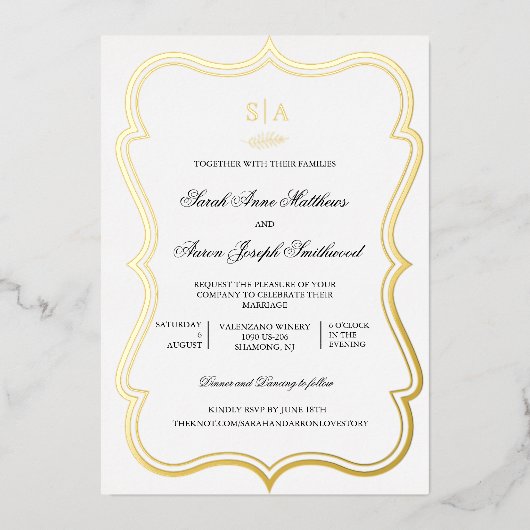 Elegantes Monogramm in einem HochzeitGold Folieneinladung (Vorderseite)