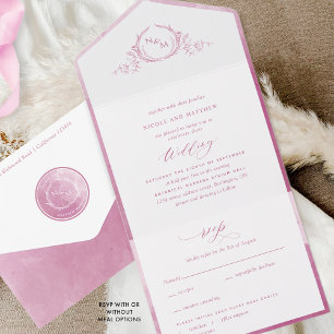 Elegantes Monogramm in Malven und Rosa Aquarell-Ho All In One Einladung