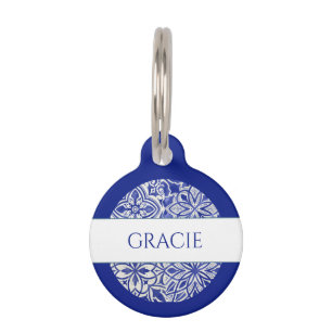 Elegantes Monogramm individuelles blaue weiße Flie Haustiermarke