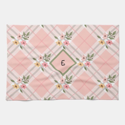 Elegantes Monogramm Karierter Petals Geschirrtuch (Horizontal)