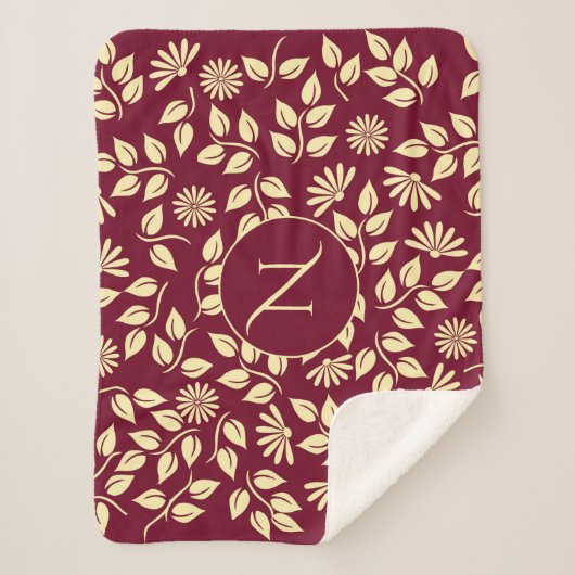 Elegantes Monogramm Leaf Daisy Muster Burgundy Bat Sherpadecke (Vorderseite)