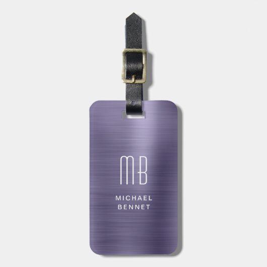 Elegantes Monogramm Lila gebürstetes Metall Gepäckanhänger (Vorderseite vertikal)