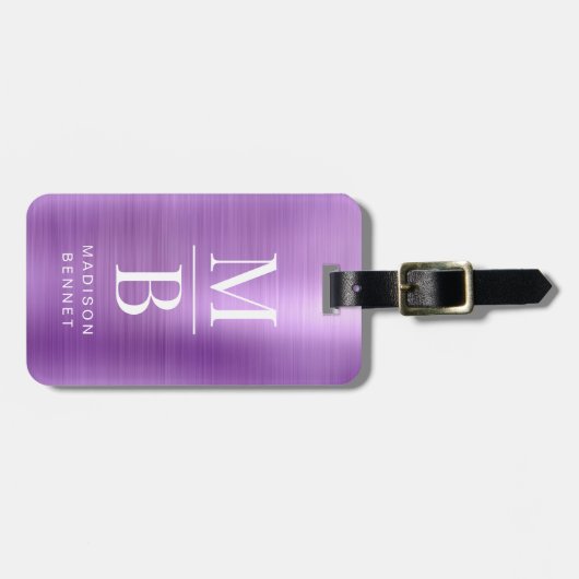 Elegantes Monogramm Lila gebürstetes Metall Gepäckanhänger (Vorderseite horizontal)