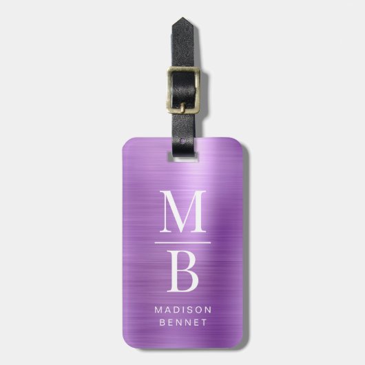 Elegantes Monogramm Lila gebürstetes Metall Gepäckanhänger (Vorderseite vertikal)