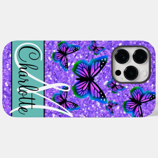 Elegantes Monogramm lila Glitzer-Schmetterlinge Case-Mate iPhone Hülle (Rückseite (Horizontal))