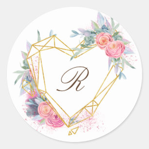 elegantes Monogramm mit goldenem Herzen und rosa B Runder Aufkleber