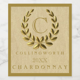Elegantes Monogramm mit goldenem Laurel-Kranz Weinetikett