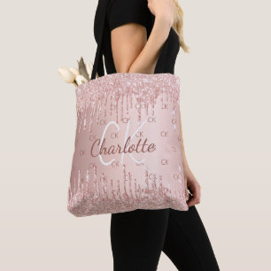 Elegantes Monogramm mit rosa-goldenen Glittertropf Tasche