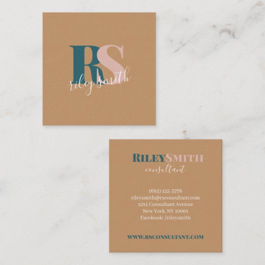 Elegantes Monogramm moderne braun aquamarin berufl Quadratische Visitenkarte (Vorne/Hinten)