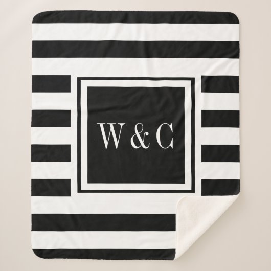 Elegantes Monogramm Moderner Schwarz-weißer Streif Sherpadecke (Vorderseite)