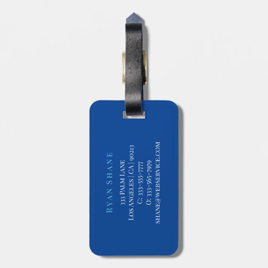 Elegantes Monogramm, Name & Info, Blau & Weiß Gepäckanhänger (Rückseite vertikal)