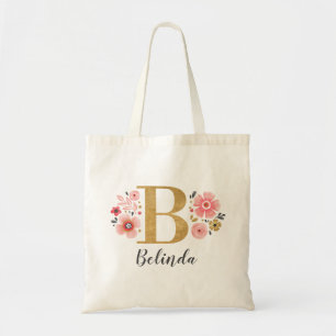Elegantes Monogramm-Name Initial Gold Floral  Tragetasche