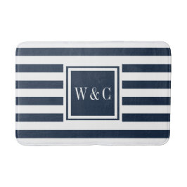 Elegantes Monogramm Navy Blau Weiße Streifen Badematte