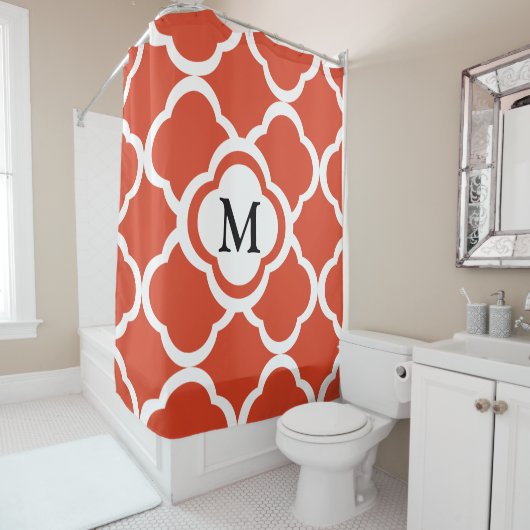 Elegantes Monogramm Orange Quatrefolienmuster Duschvorhang (Beispiel)